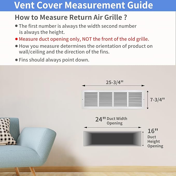 24"W x 6"H [Duct Opening Size] Steel Return Air Grille, Air Return Vent Cover for Ceiling and Sidewall - HVAC Air Vent Covers - [Outer Dimensions: 25.75"W x 7.75"H]