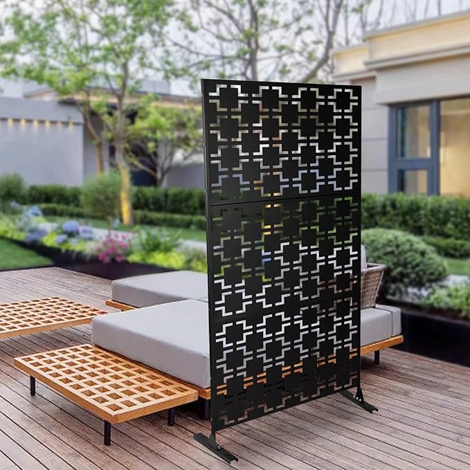 Outdoor Metal Privacy Screen with Stand, 35.4" W x 75" H Freestanding Metal Slatted Decorative Privacy Screen and Panels for Patio Garden Balcony Porch (Black B)