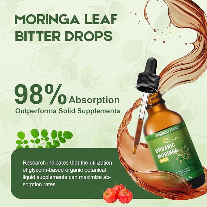 Moringa Leaf Drops with Vitamin C, Moringa Oleifera Extract Liquid Drops for Immunity Support,Antioxidant,Overall Health & Energy,Vegan Herbal Supplement 4 fl oz