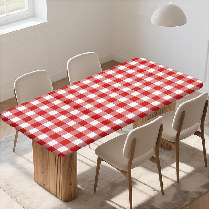 Rectangle Table Cloth Cover Waterproof Elastic Fitted Polyester Fitted Tablecloths for 4 Foot Tables for Indoor,Picnic, Camping, Outdoor （48" x 30"，Red Grid）