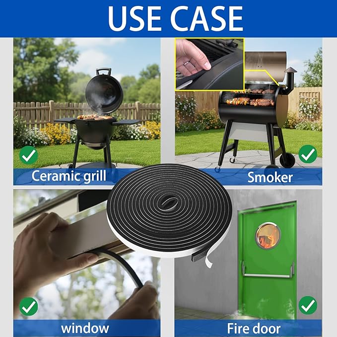 Smoker Gasket Seal - 1/2" x 1/8" x 20 Ft Self-Adhesive High Temp Black Felt for BBQ Grill Pit & Fire Door