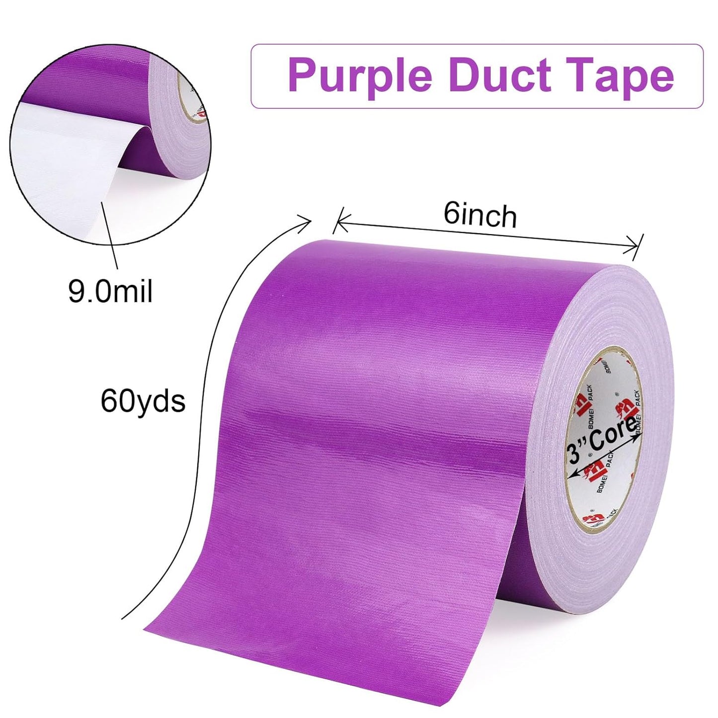 BOMEI PACK 6" Purple Duct Tape Heavy Duty,6 Inch x 60 Yards Purple Wide Rol Tape,Strong Strength,Flexible,No Residue,Waterproof and Tear by Hand,Multi-Use for Indoor & Outdoor Repairs