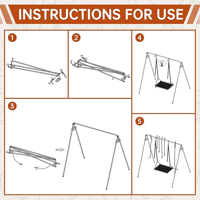 Campfire Swing Grill with Adjustable Grill Cooking Rack,Camp Fire Cooking Equipment Comes With 8 Hooks, Accessories and handbag,Portable Dutch Oven Hanger for Camping, Hiking, Cookware, Bonfire
