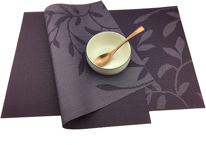 Gugrida Place Mats PVC Set of 6, Table Placemats Set of 6 PVC Woven Vinyl Place Mats Table Mats Natural Color (6 pcs, Purple Leaves)