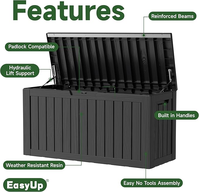EasyUp 80 Gallon Outdoor Storage Box Waterproof, UV Resistant Resin Deck Box with Hydraulic Rod, Reinforced Stability for Patio, Garden, Striped Black