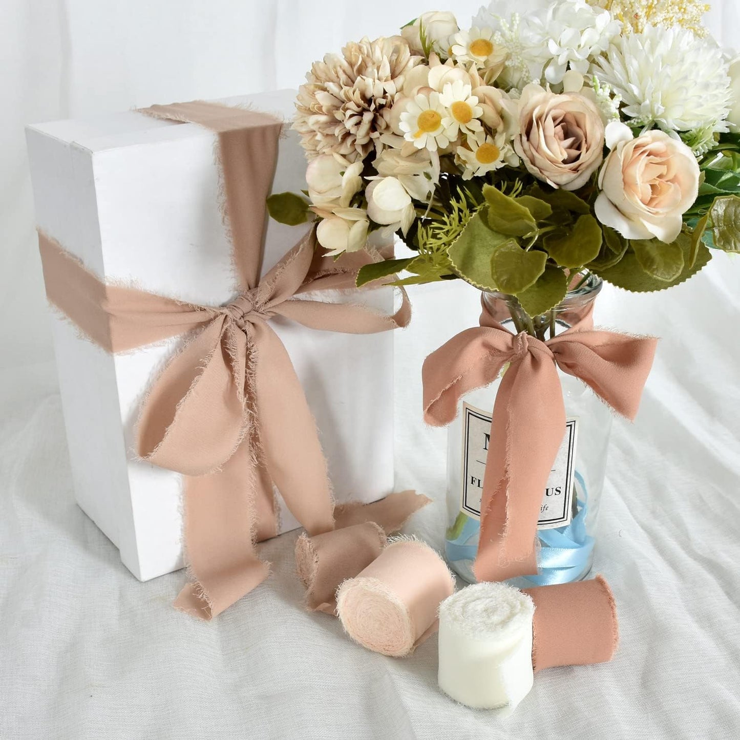 TONIFUL 4 Rolls Silk Chiffon Ribbon, 1-1/2 Inch x 22yds, Beige and Cream Chiffon Ribbons Set, Handmade Fringe Silk Ribbon for Gift Wrapping Bridal Bouquets Wedding Invitations Decoration Crafts