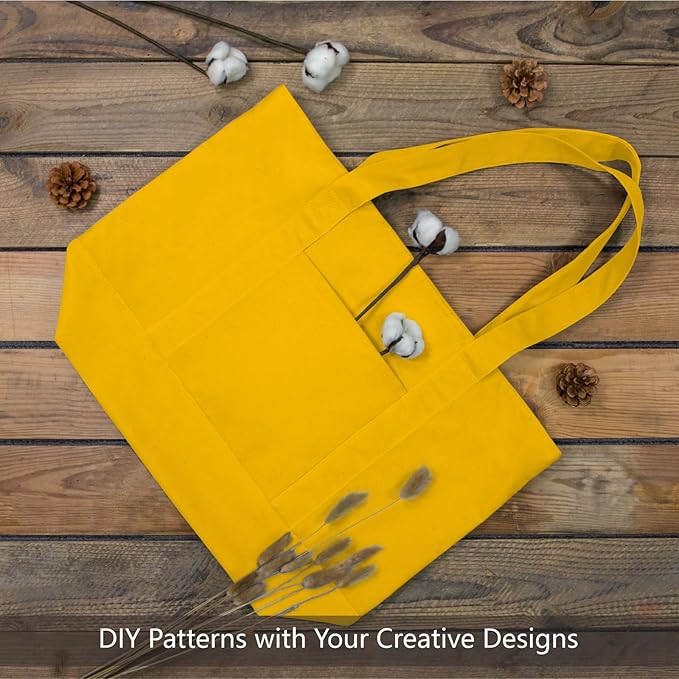 TOPDesign 1-Pack Canvas Tote Bags with an External Pocket, Reusable Grocery Shopping Bags, Top Zipper Closure, Daily Essentials (Yellow)