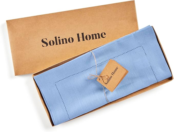 Solino Home Linen Cornflower Blue Table Runner 90 Inches Long - 100% Pure Linen Hemstitch 14 x 90 Inch Table Runner for Dining, Spring, Easter - Classic Hemstitch