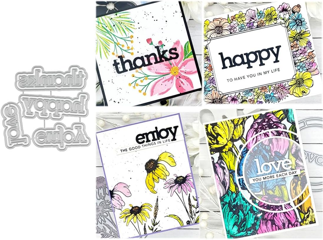 Metal Cutting Dies DIY Embossing Stencil Template Scrapbooking Card Making Mold Photo Album Arts Crafts Tools (Happy Thanks Love Enjoy- 9.6x9.3cm)