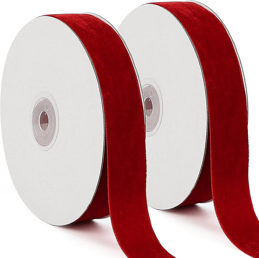 Red Velvet Ribbon, 1 Inch x 20 Yards Single Faced Red Ribbon for Gift Wrapping, Bow Making, Christmas Tree Decorations, Wreath Making and DIY Crafts (10 Yards Each Roll)
