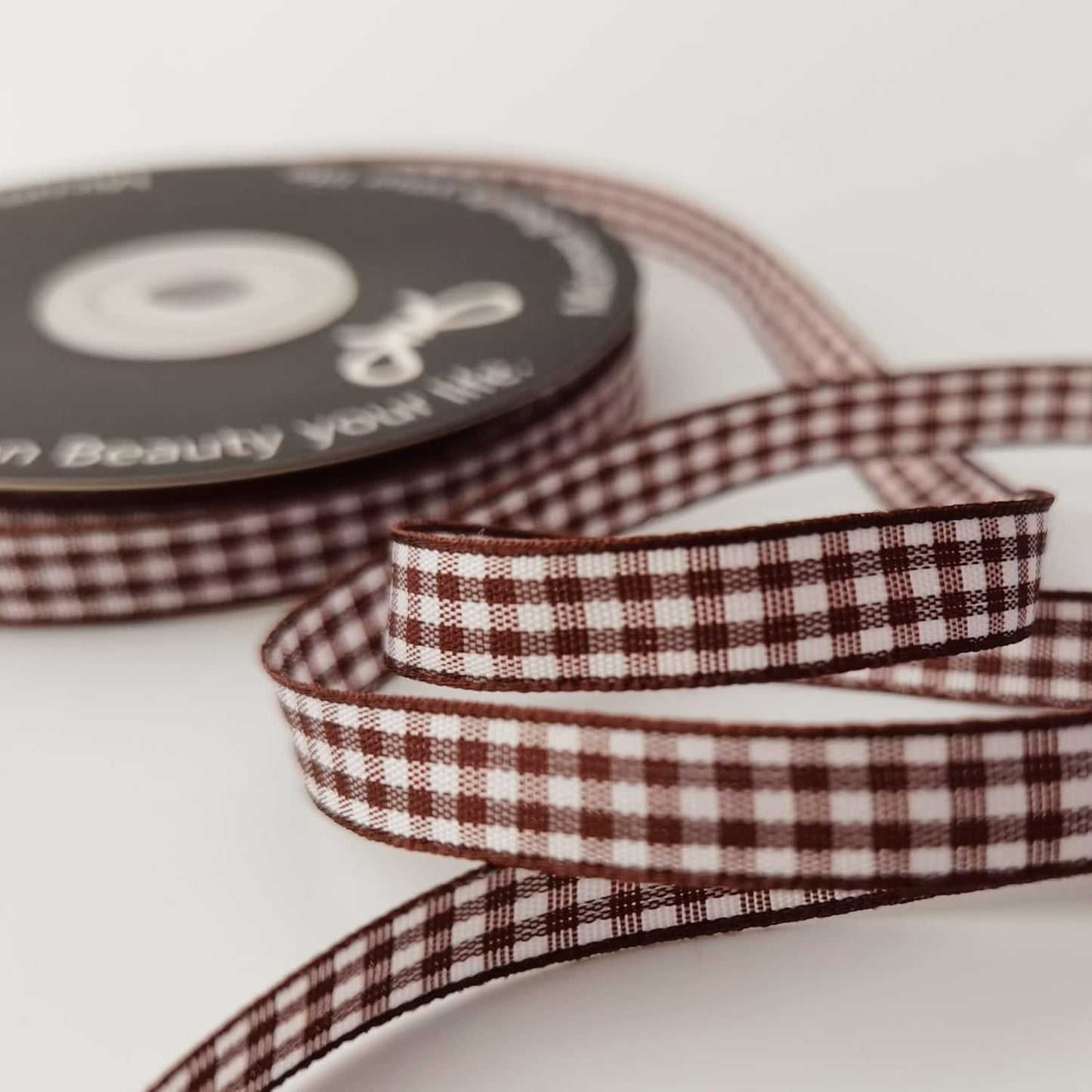 Brown Gingham Ribbon 25 Yards Christmas Ribbon for Crafts Plaid Checked Ribbon 100% Polyester (3/8", Brown)