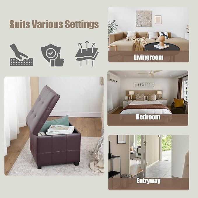 Homebeez Faux Leather Lift Top Storage Ottoman Bench with Solid Wood Frame & Tufted PU - 17.3 Inch Cube Footrest, Seat, with Metal Hinges for Living Room, Bedroom, Dorm | Coffee Brown