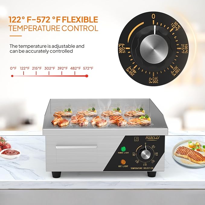 ROVSUN 14" Electric Countertop Flat Top Griddle, 1500W Electric Griddle, Teppanyaki Grill Stainless Steel with Adjustable Temperature Control 122°F-572°F for Home Restaurant Commercial
