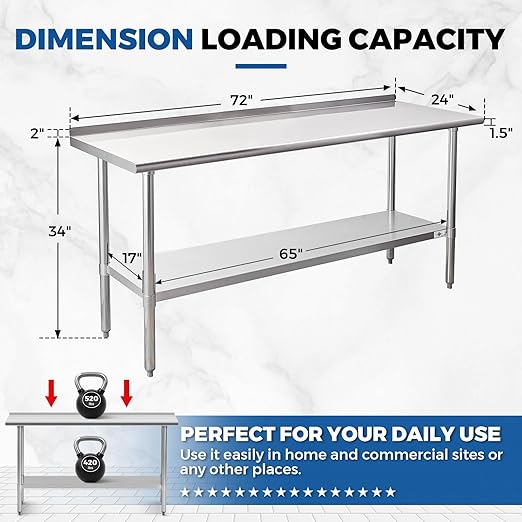Profeeshaw Stainless Steel Prep Table NSF Commercial Work Table with Backsplash and Undershelf for Kitchen Restaurant 72x24 Inch