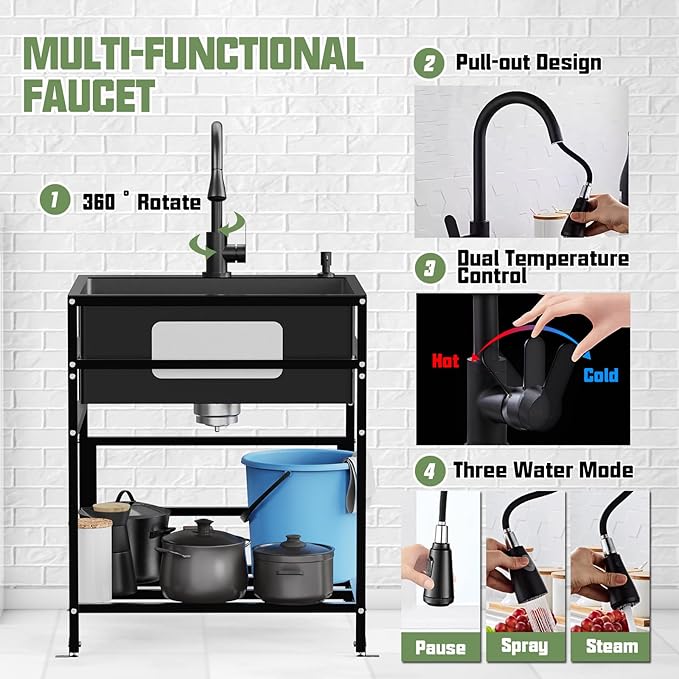 Black 25x22 Inch Freestanding Utility Sink-Stainless Steel Laundry Sink Practicality With Accessories Black Stainless Faucet,Soap Dispenser, SS Sink Grid For Laundry,Garage,Outdoor Kitchen,Garden...