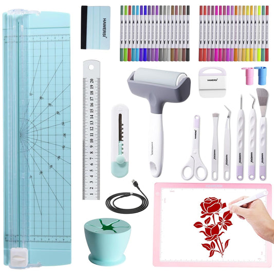 52Pcs Essential Craft Tools Set for Cutting Machine,Weeding Tools for Vinyl,Paper Cutter,Light Pad,Vinyl Weeding Scrap Collector,Brayer Rollers,Craft Accessories Bundle for Craft Projects