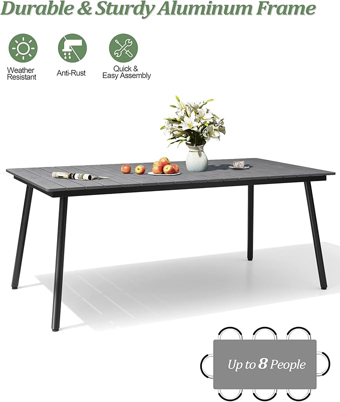 70" Patio Outdoor Dining Table for 6, Weather-Resistant Aluminum Frame with Wood-Grain Top & Umbrella Hole for Deck Gatherings, Grey