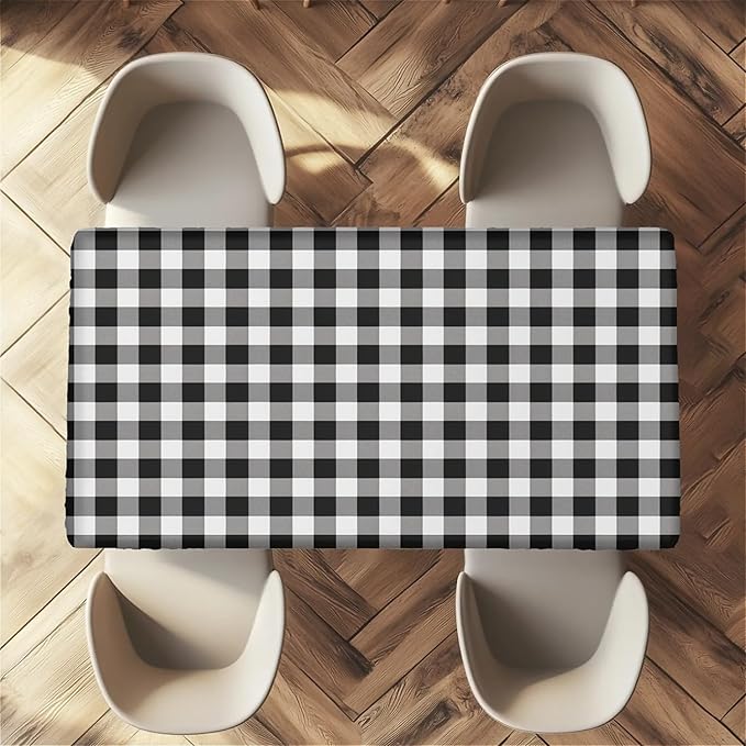Rectangle Table Cloth Cover Waterproof Elastic Fitted Polyester Fitted Tablecloths for 6 Foot Tables for Indoor,Picnic, Camping, Outdoor （72" x 30"，Black Grid）