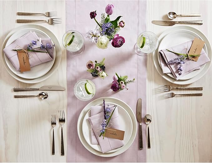 Solino Home Linen Lilac Table Runner 132 Inches Long - 100% Pure Linen Extra Long Table Runner 14 x 132 Inch for Valentines, Spring, Easter - Classic Hemstitch