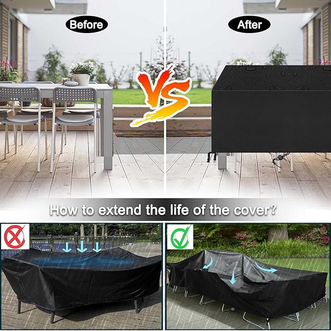 Patio Furniture Covers Outdoor Table Cover Waterproof Rectangular 420D Garden Dining Table Cover Wind Dust Proof Anti-UV Patio Sectional Couch Cover Table and Chair Set Covers 74"Lx47"Wx28"H Black