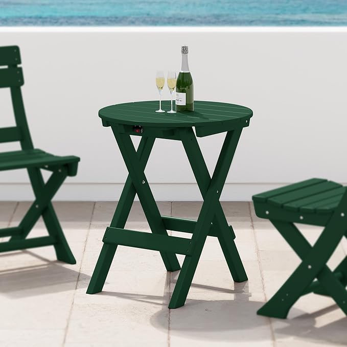 Costaelm Paradise HDPE Outdoor 24.5 Inch Round Portable Folding Patio Dining Table, Dark Green