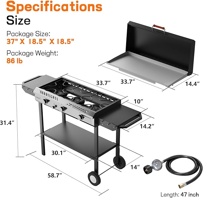 Veralune 3 Burner Propane Stove with Griddle, 225,000 BTU High Pressure Propane Stove with Auto Ignition Button, Outdoor Cooking Stove for Camping, Backyard, Patio, Cooking, BBQ