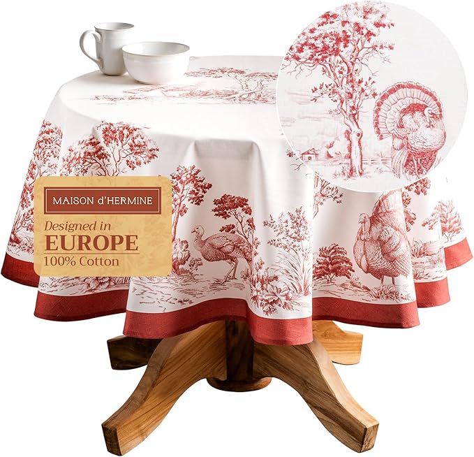 Maison d' Hermine Table Cloth Round Table 100% Cotton 69 Inches Fall Tablecloth Reusable Everyday Use for Thanksgiving Christmas Decorations Dining Farmhouse Party (Holy Jouy - Red)