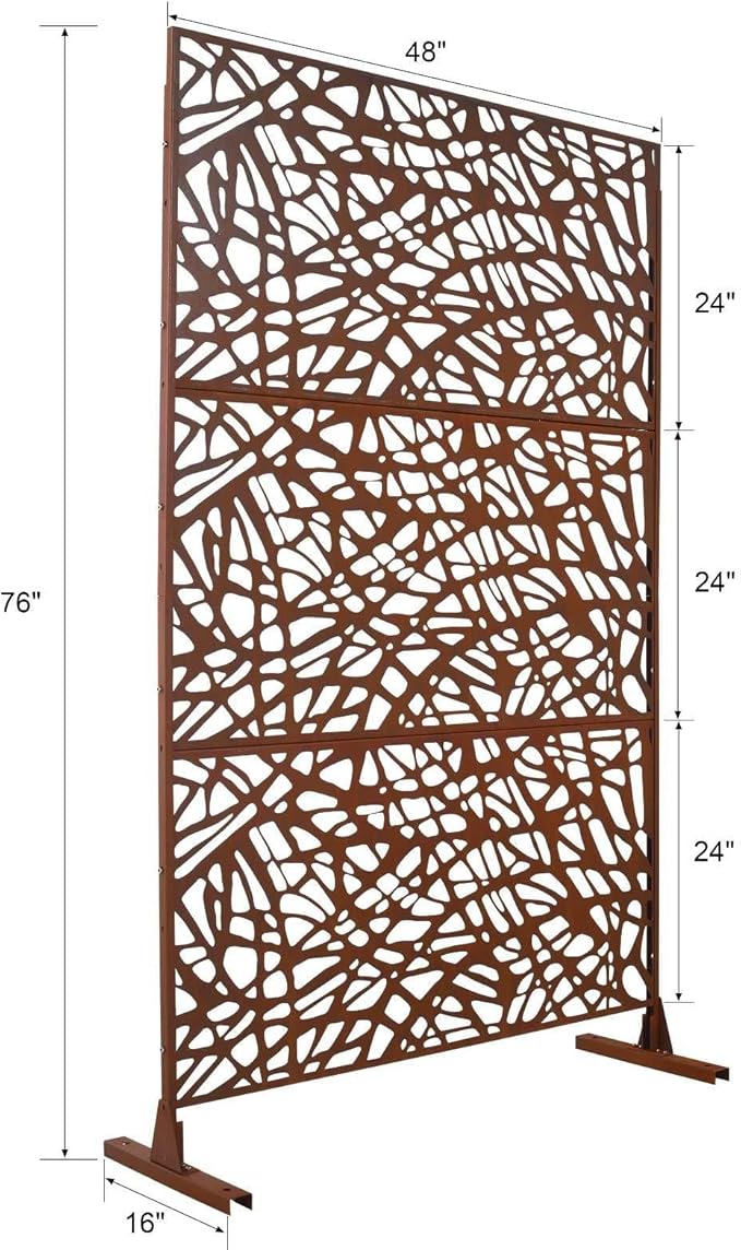 Outdoor Decorative Metal Privacy Screen Panel, 48" L x 16" W x 76" H, Steel Partition for Garden, Patio, and Backyard, Freestanding with Stable Base, Modern Geometric Design, Rust Red