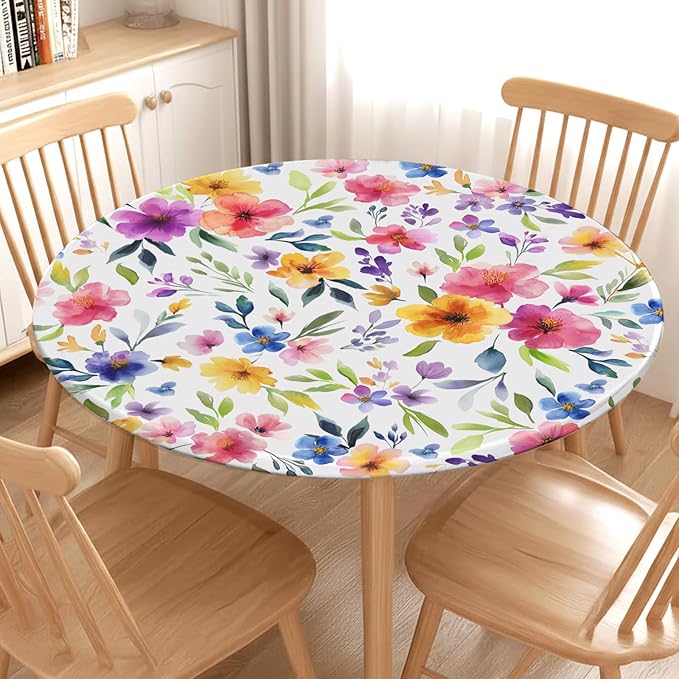 Spring Summer Floral Round Fitted Tablecloth with Elastic Watercolor Flower Outdoor Circle Table Cloth for 40-44" Tables Colorful Stretch Waterproof Washable Table Cover for Picnic Dining Party Decor