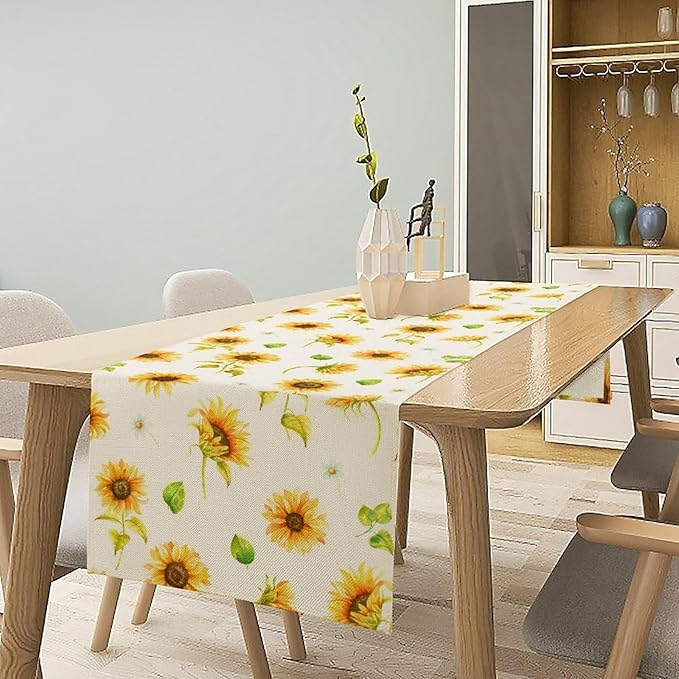Yellow Sunflower Table Runner, Seasonal Spring Summer Flowers Table Decor for Kitchen Dining Room Coffee Holiday Kitchen Dining 13x60in