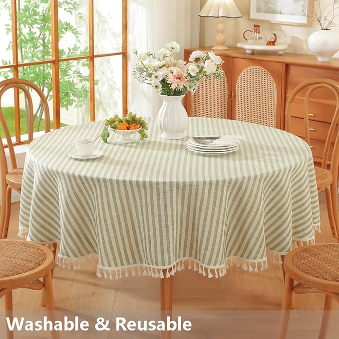 TruDelve Round Tablecloth 70 Inch Olive Green Striped Cloth Tablecloths Spring Outdoor Table Cloth Round Cover (Green,70",Round)