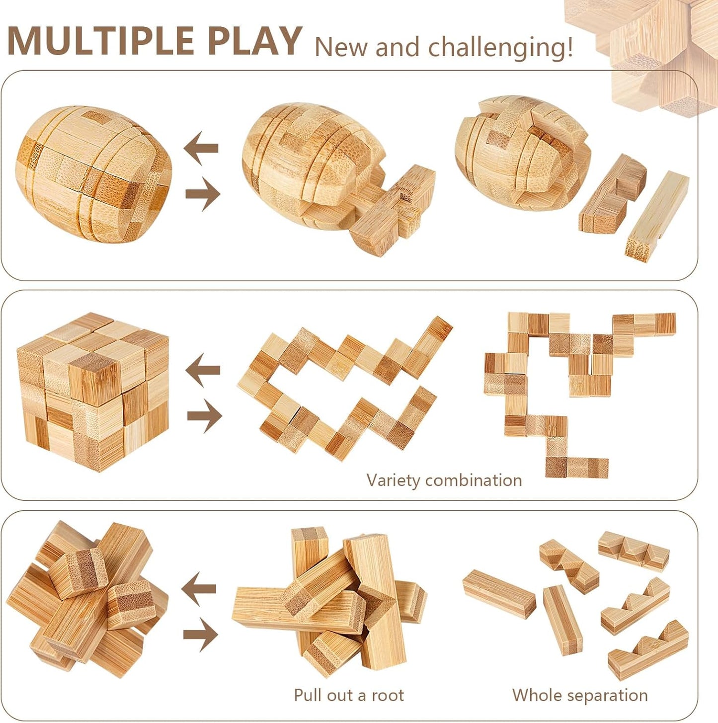 VolksRose 15pcs Wooden Brain Teaser Puzzles, IQ Challenge Puzzle Games, Logic Smart Mind Puzzle Box Lock Toy Removing Assembling 3D Small Puzzle Gift Set for Adults Teenagers Kids, 1.8inch 4.5cm