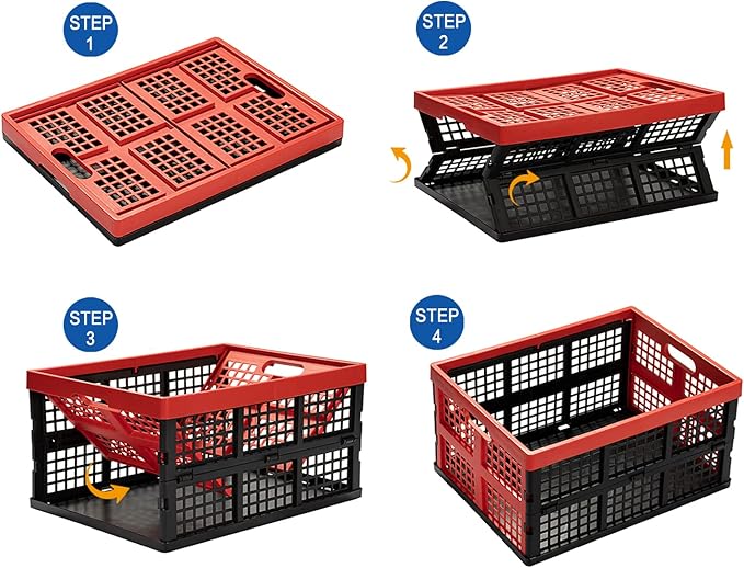 34L Large Plastic Folding Storage Crates,Collapsible Crates for Storage,Pack of 3 (Black+Red)