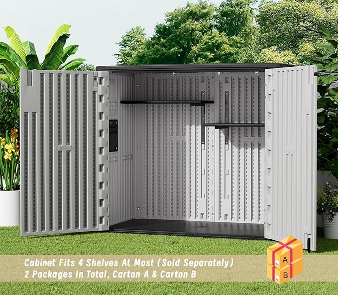 KINYING Outdoor Horizontal Storage Sheds,37 Cu.ft Outdoor Storage Cabinet Waterproof Resin Tool Storage Box for Lawn Mower,Garden Tools and Patio Furniture, Lockable (Grey)