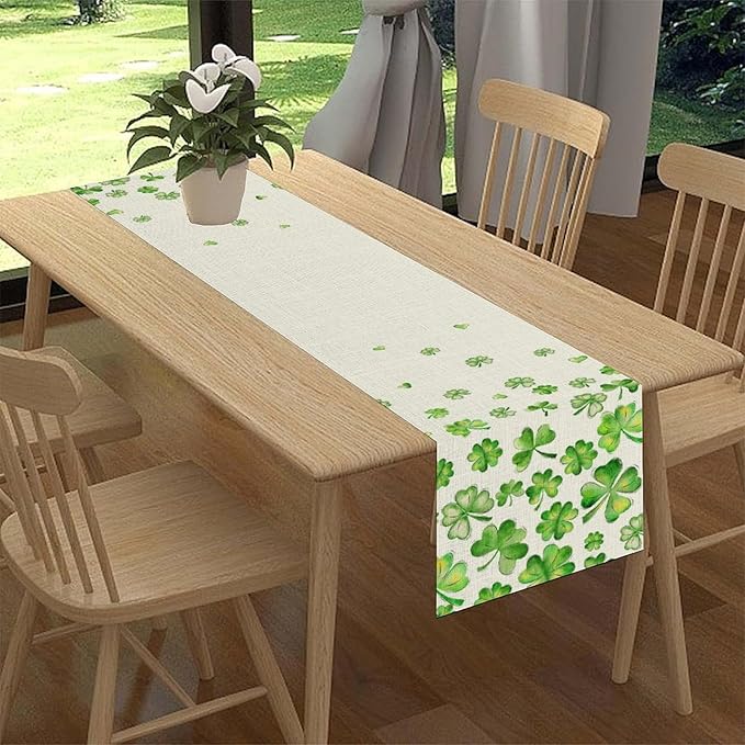 St.Patrick's Day Table Runner,Rustic Green Clover Seasonal Leaves White Green Table Center Decor for Family Kitchen and Living Room Outdoor Farmhouse Party Table Decorations, 13"x108"