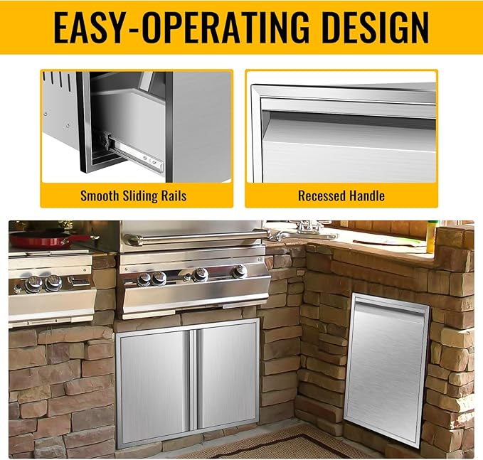 Outdoor Kitchen Drawers, Box Frame Style Flush Mount BBQ Drawer w/Stainless Steel Handle, BBQ Island Drawers For Patio Grill Station,Trash Drawer