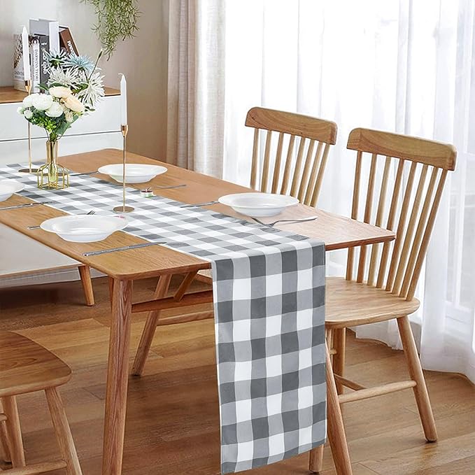 Fabric Checkered Table Runner 12 Pack Waterproof Gingham Table Runner 14W x 108L Buffalo Check Table Runners for Parties Kitchen Dining Wedding Banquet (Gray and White)