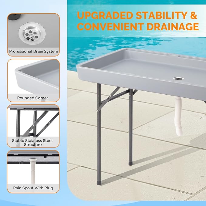 VINGLI 46" Extra LargeFolding Party Ice Cooler, Portable Tailgate Camp Fishing Cleaning Table, Plastic with Matching Skirt, Ice Table for Party, BBQ, Camping, Picnic (Grey)