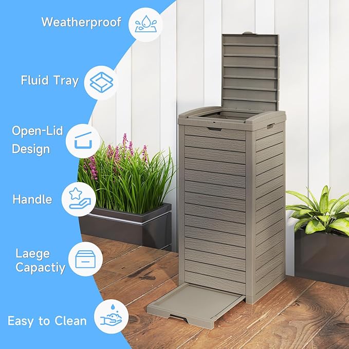38 Gallon Outdoor Trash Can with lid,Waterproof,UV-Resistant Resin Garbage Can,Lockable Lid and Drip Tray,Trash Bin for Patio,Kitchen, Backyard and Deck(Grey)