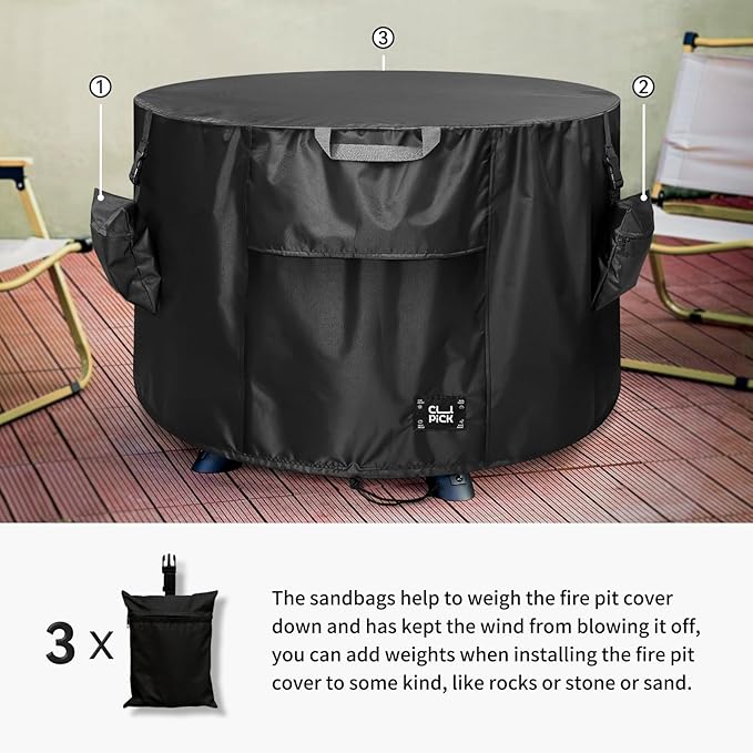 Fire Pit Cover,Heavy-Duty Waterproof Tear-Resistant FirePit Covers Round with Sandbag,Weather and Fade Resistant Fire Pit Cover Round Fits for 33-36 Inch Fire Pit/Table,Black 36" D x 24" H