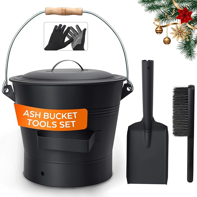 Ash Bucket with Lid and Shovel, 2.6 Gallon Metal Fireplace Ash Bucket with Broom, Complete Fireplace Tools Set for Wood Stove and Fireplace
