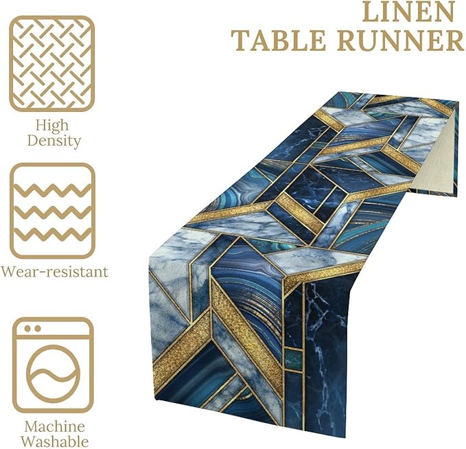 Marble Texture Table Runner, Dark Blue Gold Modern Mosaic Design Table Runner Decoration for Kitchen Family Dinner Table Holiday Party Farmhouse 13x70in