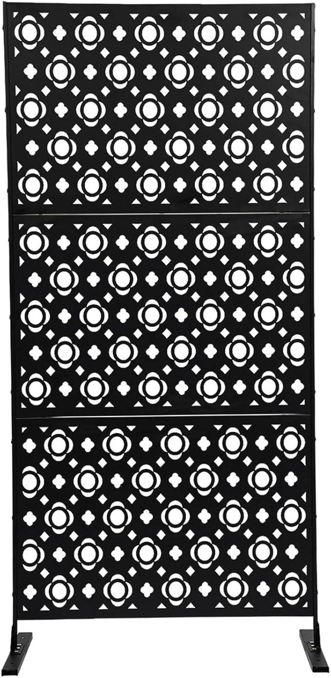 75" H×35" W Decorative Outdoor Privacy Screen with Stand, Outdoor Decor Privacy Fence Screen Metal Fence Panels, Free Standing Metal Divider for Patio Lawn Deck (Black-Small Plum Blossom)