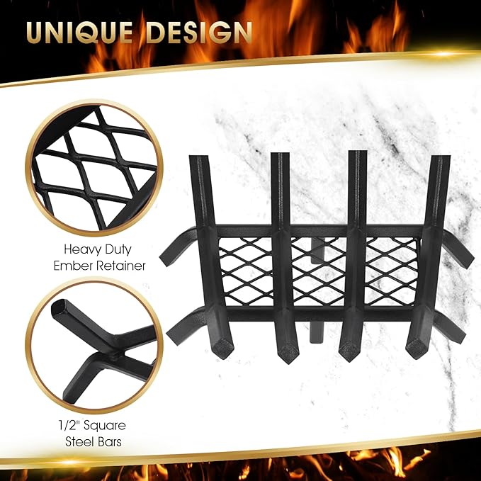 Fireplace Grate 17 "Heavy Duty with Ember Retainer, 1/2” Bar Fire Log Grate for Inside Fireplace, Fireplace Assectories, Chimney Hearth Wood Stove Burning Rack Holder,Wood Stove Grate for Outdoor