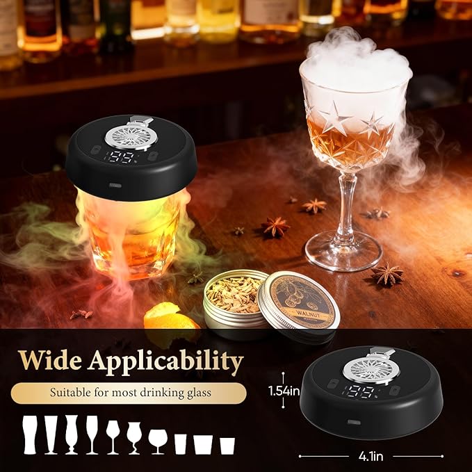 Electric Whiskey Smoker Kit with 7 Light Modes,Rechargeable Cocktail Smoker with 2 Wooden Bourbon Glasses,10 Natural Wood Chips,Food-Grade Stainless Steel Ice Cubes & Mold,Gift for Men, Dad, Husband