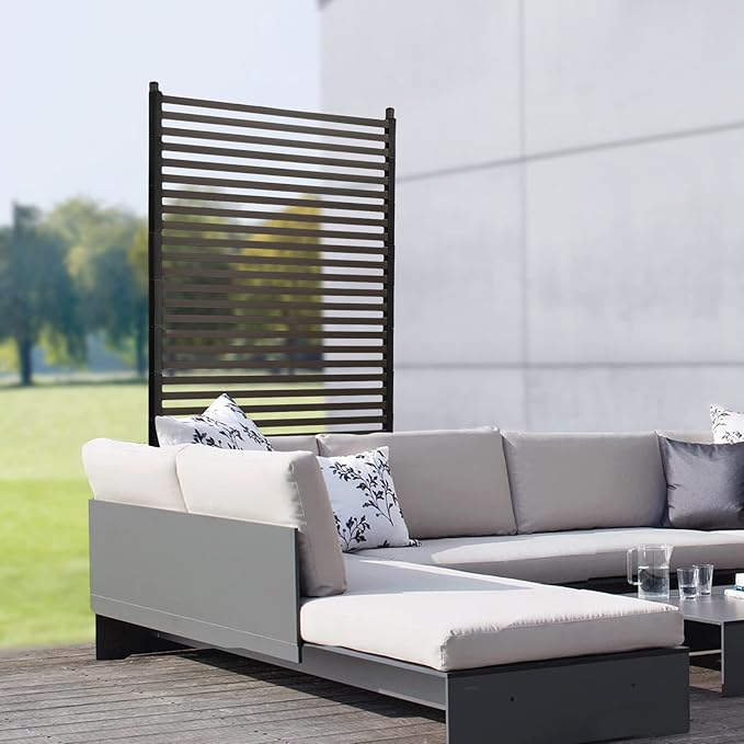 Outdoor Privacy Screens Freestanding, 35.5" W x 71" H Metal Slatted Decorative Privacy Screen and Panels with Stand, Brown Backyard Panels for Garden Patio
