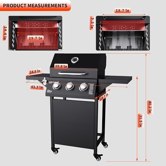 3 Burner Propane Gas Grill, 30000 BTU Outdoor Gas BBQ Grill Cooking with Two Table, Stainless Steel Cooking Grids, Built-in Thermometer, Easy-Clean Grease, for Backyard, Camping