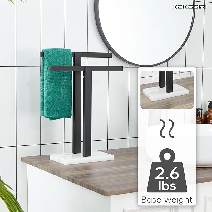 KOKOSIRI Hand Towel Bars Matte Black Towel Racks with Marble Base for Bathroom Kitchen Vanity Countertop, Stainless Steel 15.7'' Height THS0001-SM-BK