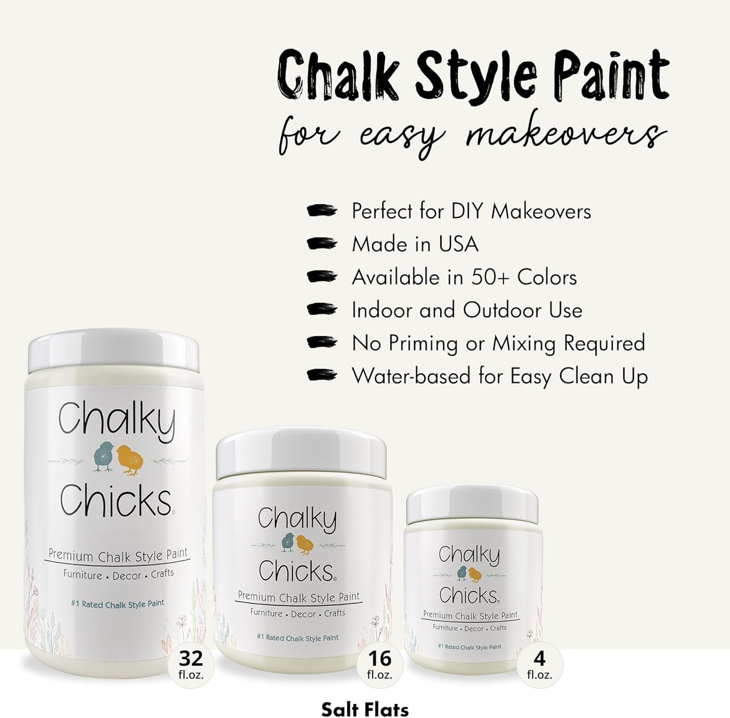 Chalky Chicks All-in-One Chalk Paint for Furniture or Cabinet - 32 Fl Oz - Matte Finish Salt Flats (Off White) for Metal, Wood Furniture Paint - No Sanding All-in-One for Home Decor & Crafts, USA Made