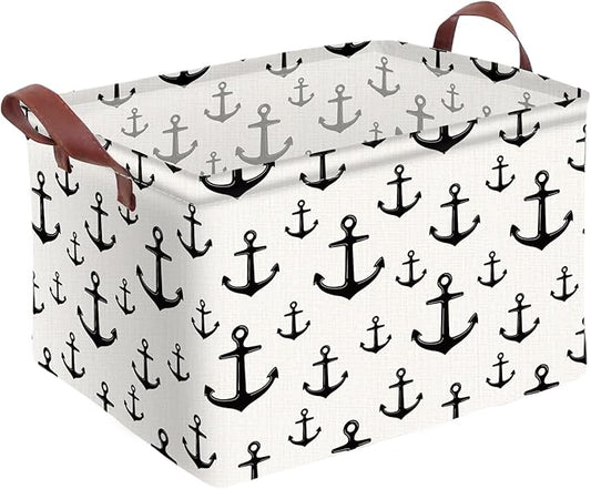 Anchor Storage Basket Waterproof Canvas Toy Storage Bin Home Anchor Decor Collapsible Outdoor Basket with Leather Handles Nautical Decor Blanket Baskets For Closets,Bedrooms,Gifts Baskets